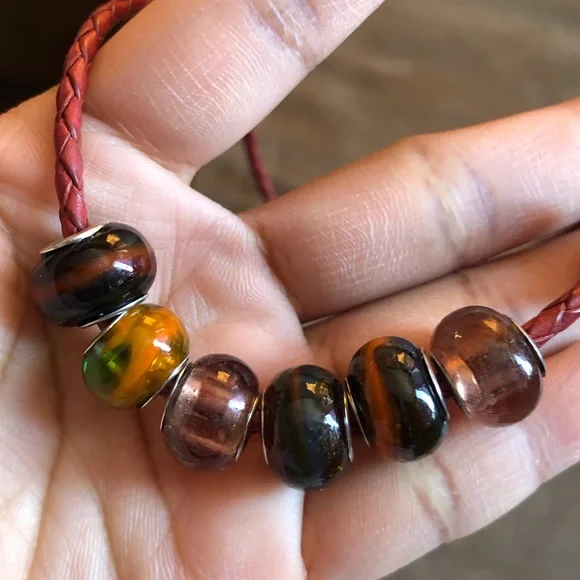 Pandora Brown Leather Bracelet Wrap Around Twice Necklace w/ 7 Charms - Picture 4 of 10